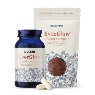 EverGlow Kollagen-Kur – dunkelblaues Glas Superior Kollagen und cremefarbener EverGlow Choco-Mesquite Beutel