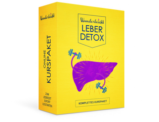 Wunderleicht Leber Detox Online-Kurspaket – gelbe Box mit lila Leber-Illustration und Hantelzeichnung